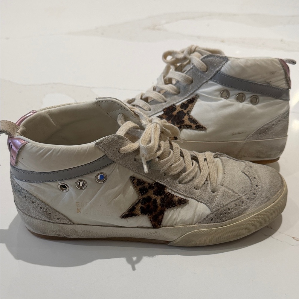Golden Goose White and Leopard Star Sneakers